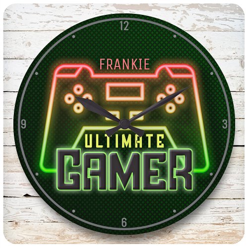 Personalized NAME Gamer Faux Neon Retro Video Game Large Clock