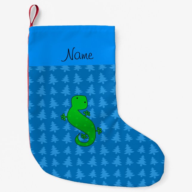 Personalized name gecko blue christmas trees small christmas stocking (Front)