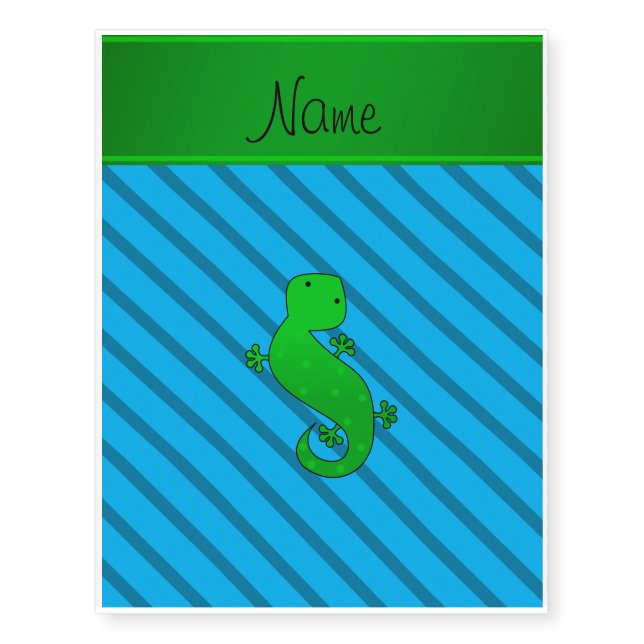 Personalized name gecko blue diagonal stripes temporary tattoos (Front)