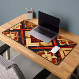 Personalized Name Geometric Elegance Red Gold Desk Mat