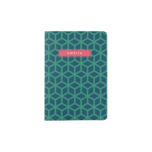 Personalized Name Geometric Pattern Teal Passport Holder
