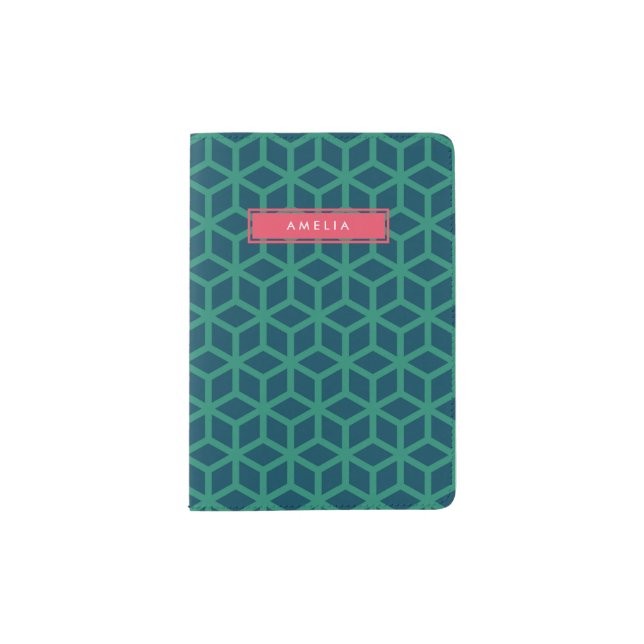 Personalized Name Geometric Pattern Teal Passport Holder (Front)