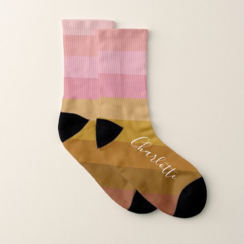 Personalized Name Geometric Stripes Pink and Brown Socks