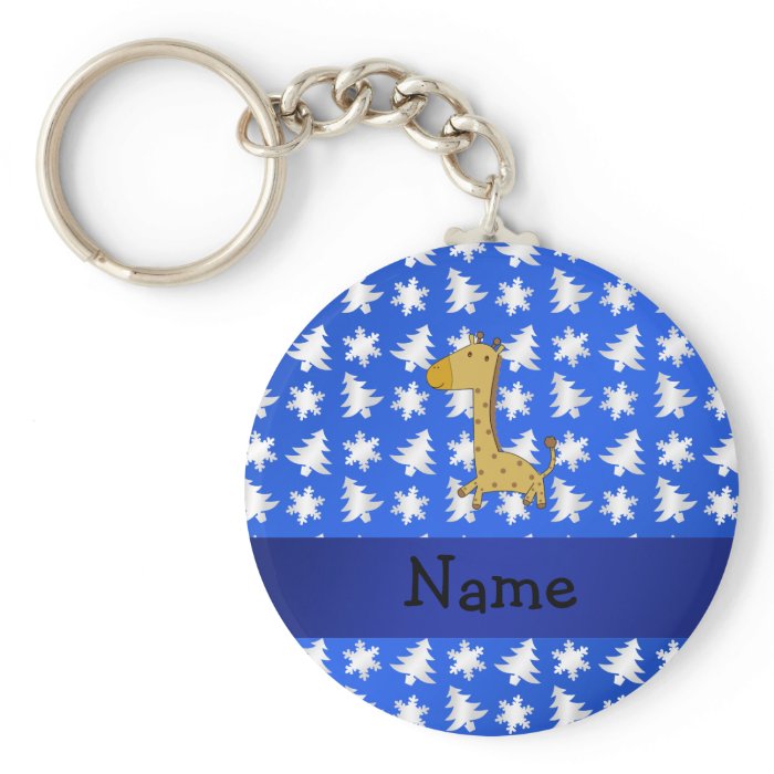 Personalized name giraffe blue snowflakes trees keychains