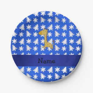Personalized name giraffe blue snowflakes trees paper plates