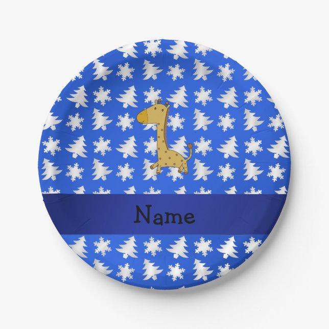 Personalized name giraffe blue snowflakes trees paper plates (Front)