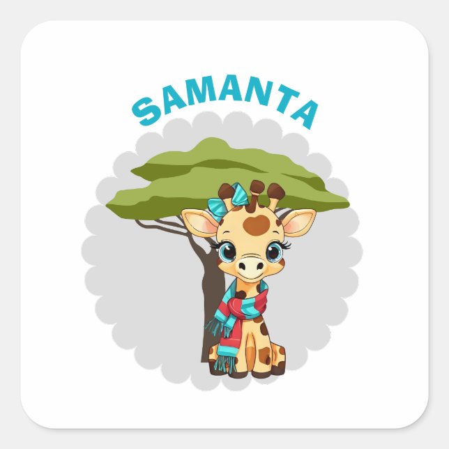  Personalized "Name" Giraffe in the Savanna Waterp Square Sticker (Front)