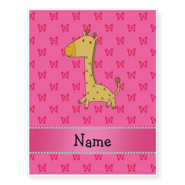 Personalized name giraffe pink butterflies temporary tattoos (Front)