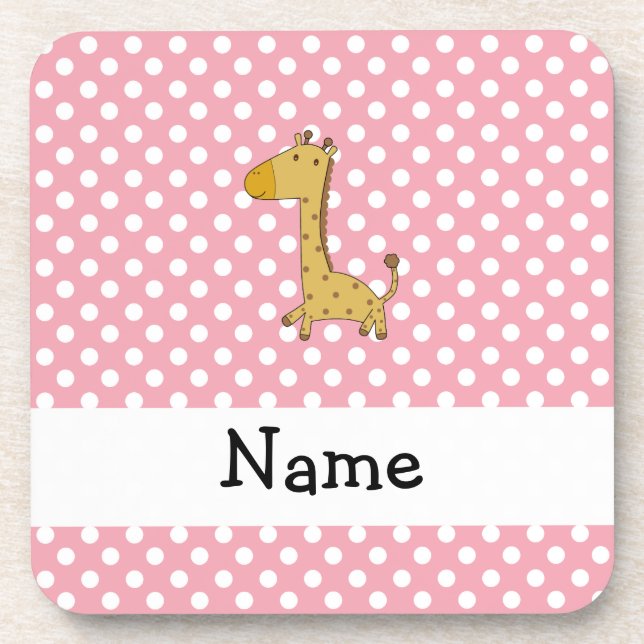 Personalized name giraffe pink polka dots drink coaster (Front)