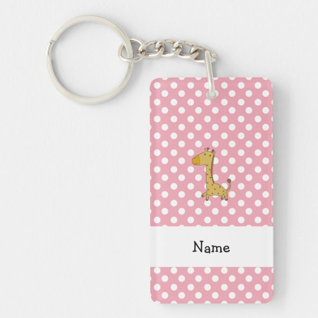Personalized name giraffe pink polka dots keychain (Front)