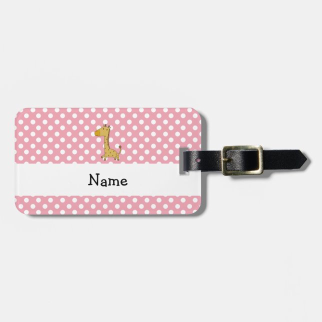 Personalized name giraffe pink polka dots luggage tag (Front Horizontal)