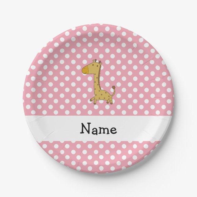 Personalized name giraffe pink polka dots paper plates (Front)