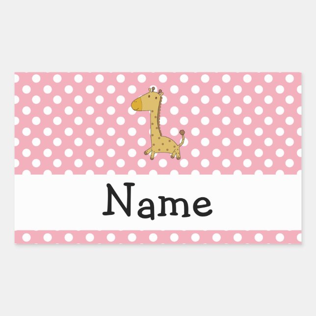 Personalized name giraffe pink polka dots rectangular sticker (Front)