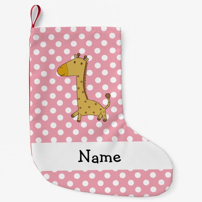 Personalized name giraffe pink polka dots small christmas stocking (Front)