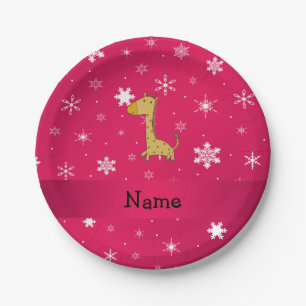 Personalized name giraffe pink snowflakes paper plates