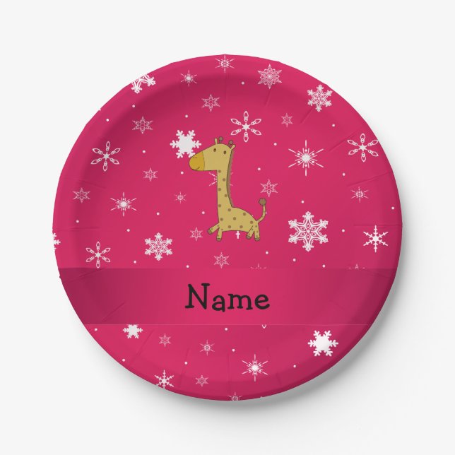 Personalized name giraffe pink snowflakes paper plates (Front)