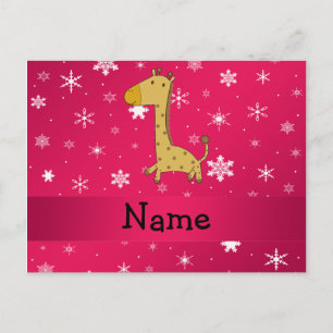 Personalized name giraffe pink snowflakes postcard