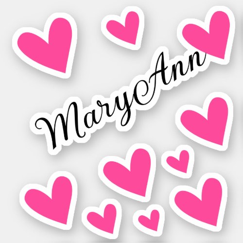 Personalized Name Girl Pink Calligraphy Hearts Sticker