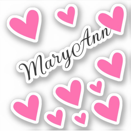 Personalized Name Girl Pink Calligraphy Hearts Sticker