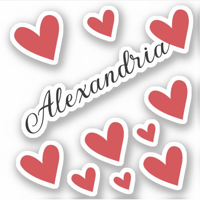 Personalized Name Girl Red Calligraphy Hearts Sticker (Front)