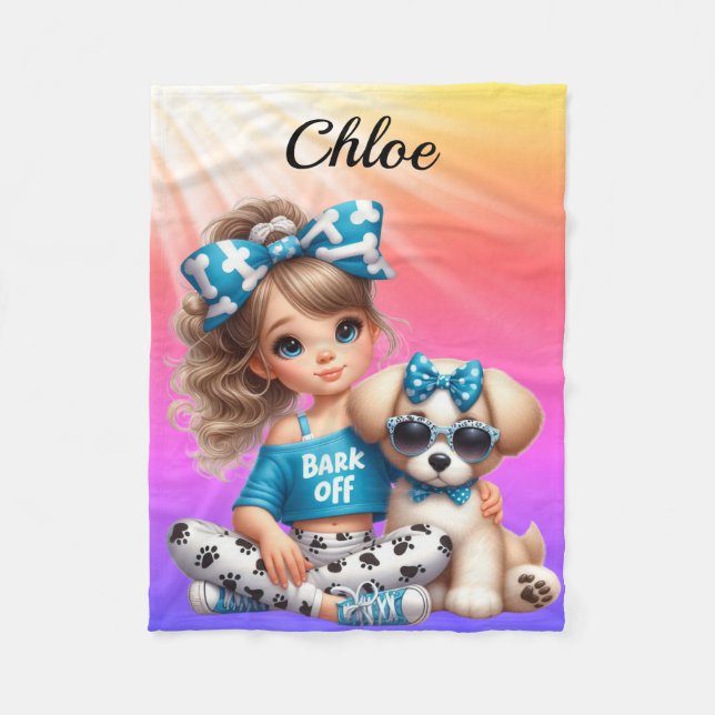 Personalized name girl with puppy fleece blanket (Front)