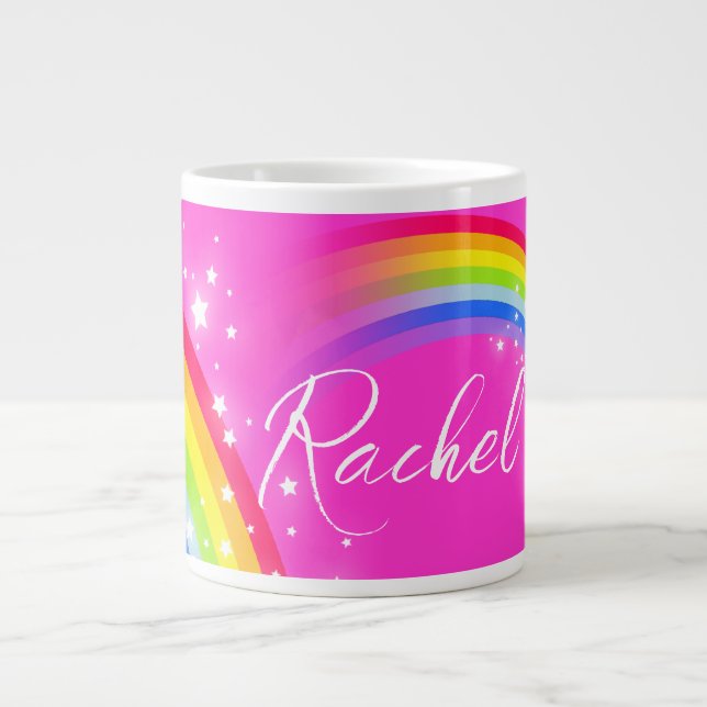 Personalized name girls rachel rainbow pink  giant coffee mug (Front)