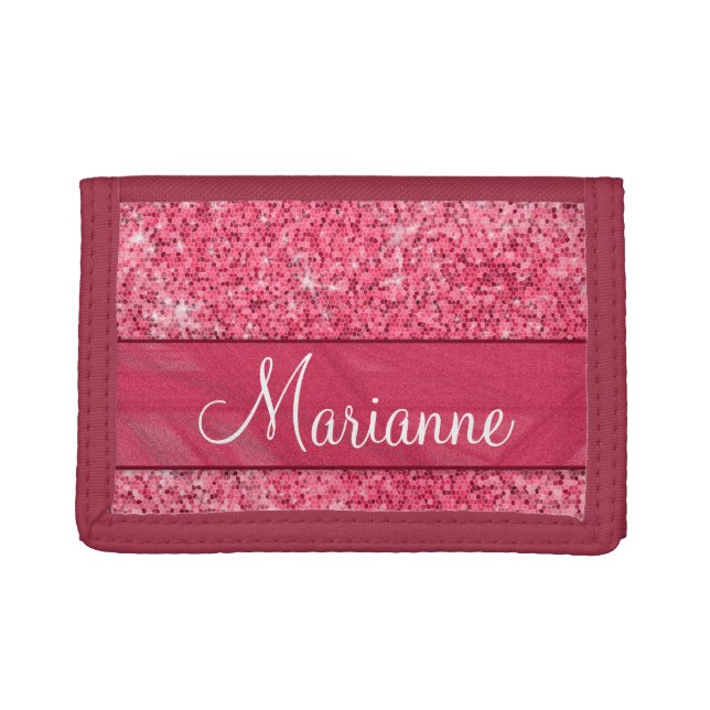 Personalized Name Girly Glitter Pink Red Jewel Trifold Wallet (Front)