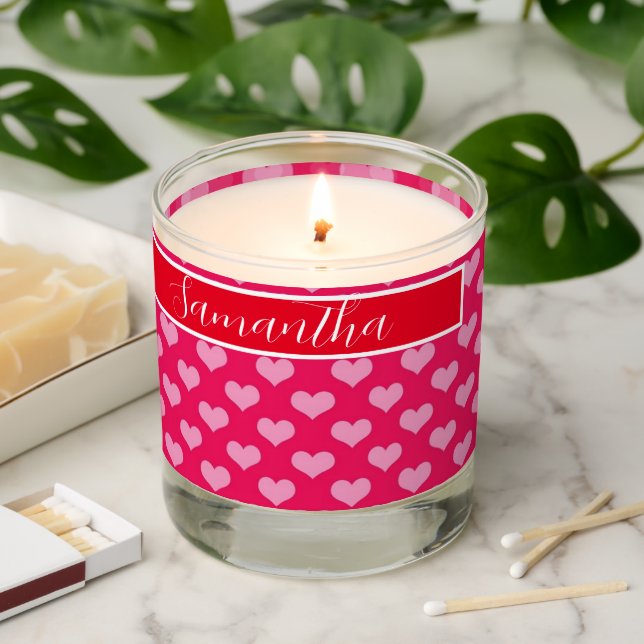Personalized name  girly pink heart pattern scented candle (Lit)