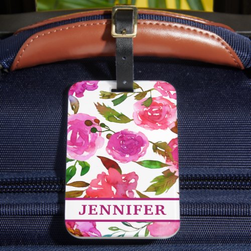 Personalized Name Girly Purple Watercolor Floral Luggage Tag