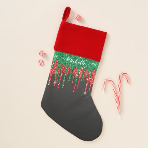 Personalized Name Girly Red Green Glitter Black Christmas Stocking