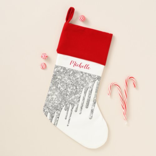 Personalized Name Girly Silver Glitter Drips Christmas Stocking