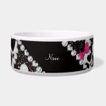 Personalized name glitter black skulls pink bows bowl<br><div class="desc">Personalized custom name halloween black skulls with heart eyes and pink bows in glitter sparkles (NOT REAL GLITTER) pattern and with a bling black diamonds stripe (not real diamonds) with pretty hearts and dots personalized with your name gifts or monogram gifts or your initials. Fun skull halloween gift ideas for...</div>