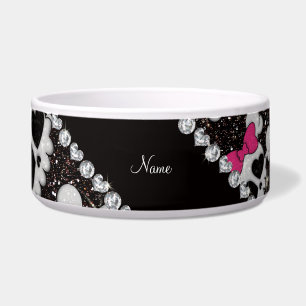 Personalized name glitter black skulls pink bows bowl