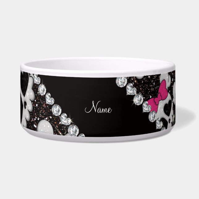 Personalized name glitter black skulls pink bows bowl (Front)