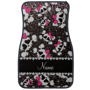 Personalized name glitter black skulls pink bows car floor mat
