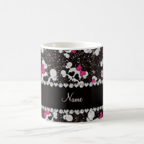 Personalized name glitter black skulls pink bows coffee mug