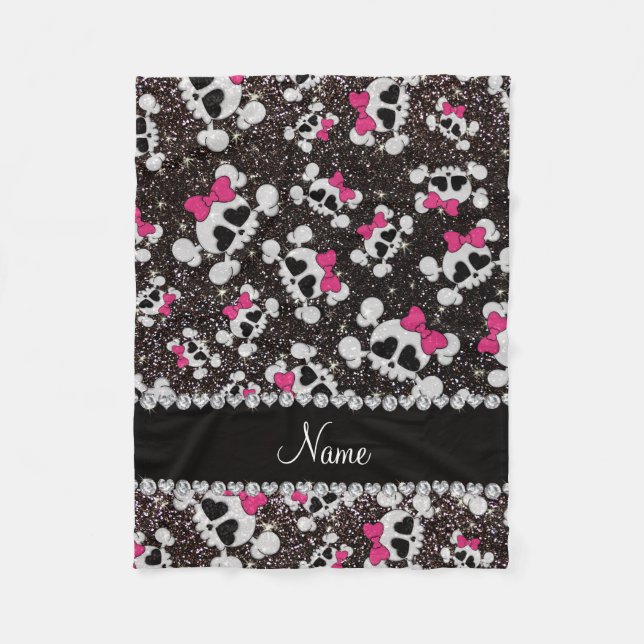 Personalized name glitter black skulls pink bows fleece blanket (Front)