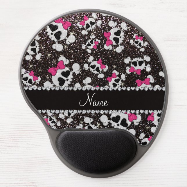 Personalized name glitter black skulls pink bows gel mouse pad (Front)