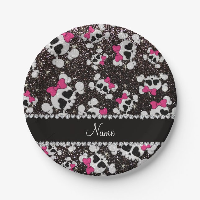 Personalized name glitter black skulls pink bows paper plates (Front)