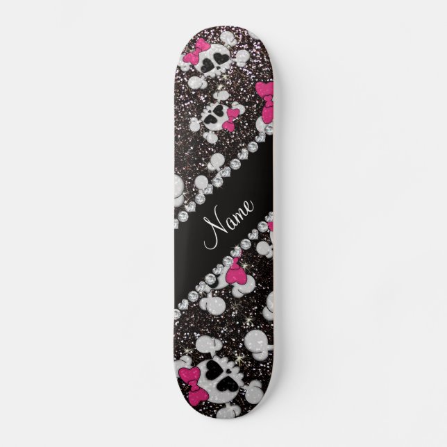 Personalized name glitter black skulls pink bows skateboard (Front)