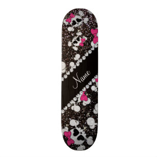 Personalized name glitter black skulls pink bows skateboard