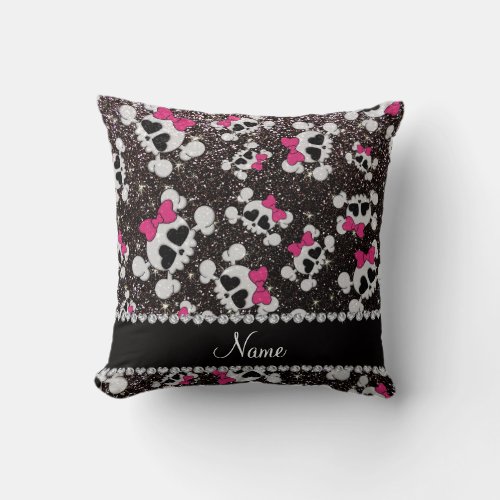 Personalized name glitter black skulls pink bows throw pillow