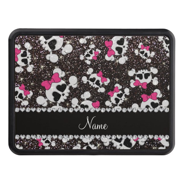 Personalized name glitter black skulls pink bows tow hitch cover (Front)