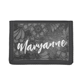 Personalized Name Glitter Floral Lace Pattern Tri-fold Wallet