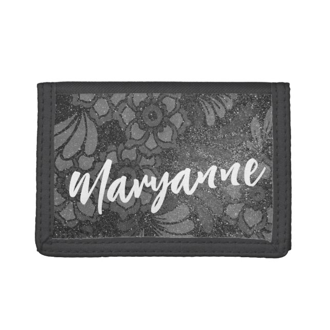 Personalized Name Glitter Floral Lace Pattern Tri-fold Wallet (Front)