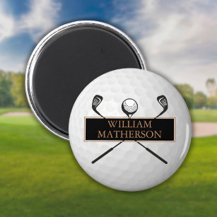 Personalized Name Gold and Black Golf Ball  Magnet