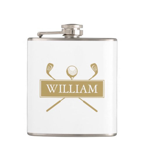 Personalized Name Gold And White Clubs And Ball Flask