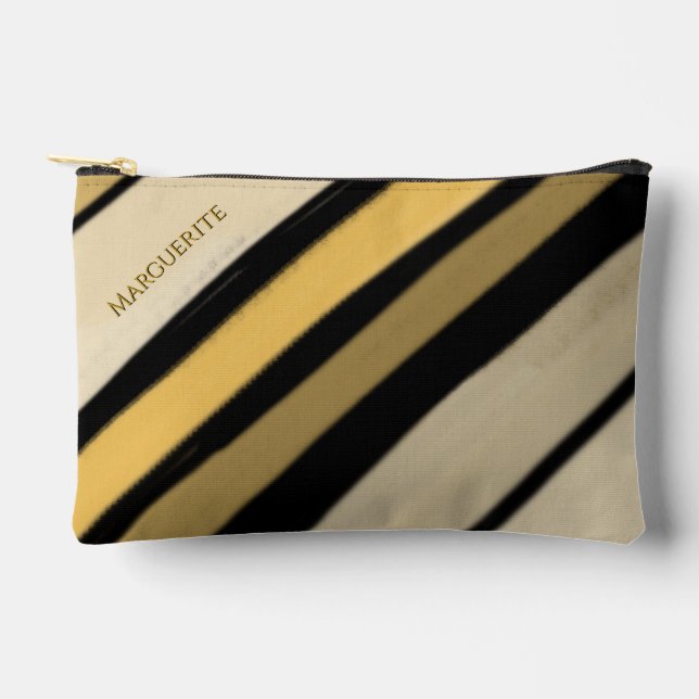 Personalized Name Gold Black Cream Stripes Accessory Pouch (Front)