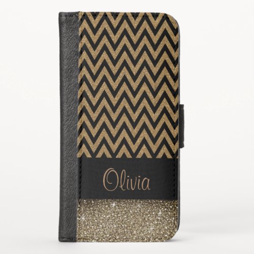 Personalized Name Gold Chevron Glitter  iPhone X Wallet Case