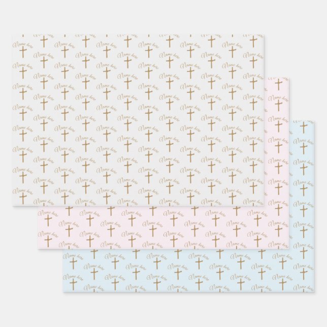 Personalized Name Gold Cross Christening Baptismal Wrapping Paper Sheets (Set)